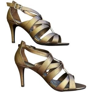 DEXFLEX COMFORT Womens Bronze Gold Pumps Sexy Open Toe Strappy Heels 7.5 Wide